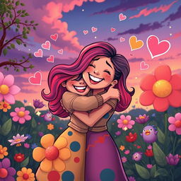 A cartoonish illustration of a woman with joyful expression, blissfully hugging herself in an endearing embrace