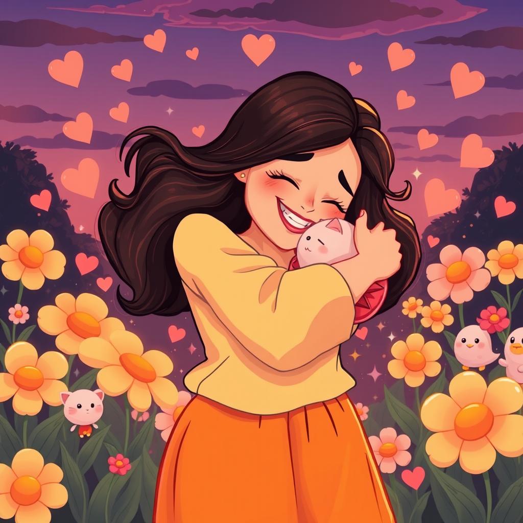 A cartoonish illustration of a woman with a more realistic facial expression, blissfully hugging herself in an endearing embrace