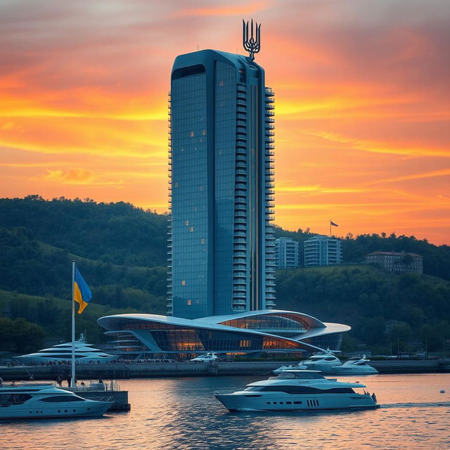 A futuristic bionic skyscraper with 50 floors stands majestically on a riverbank during a stunning sunset