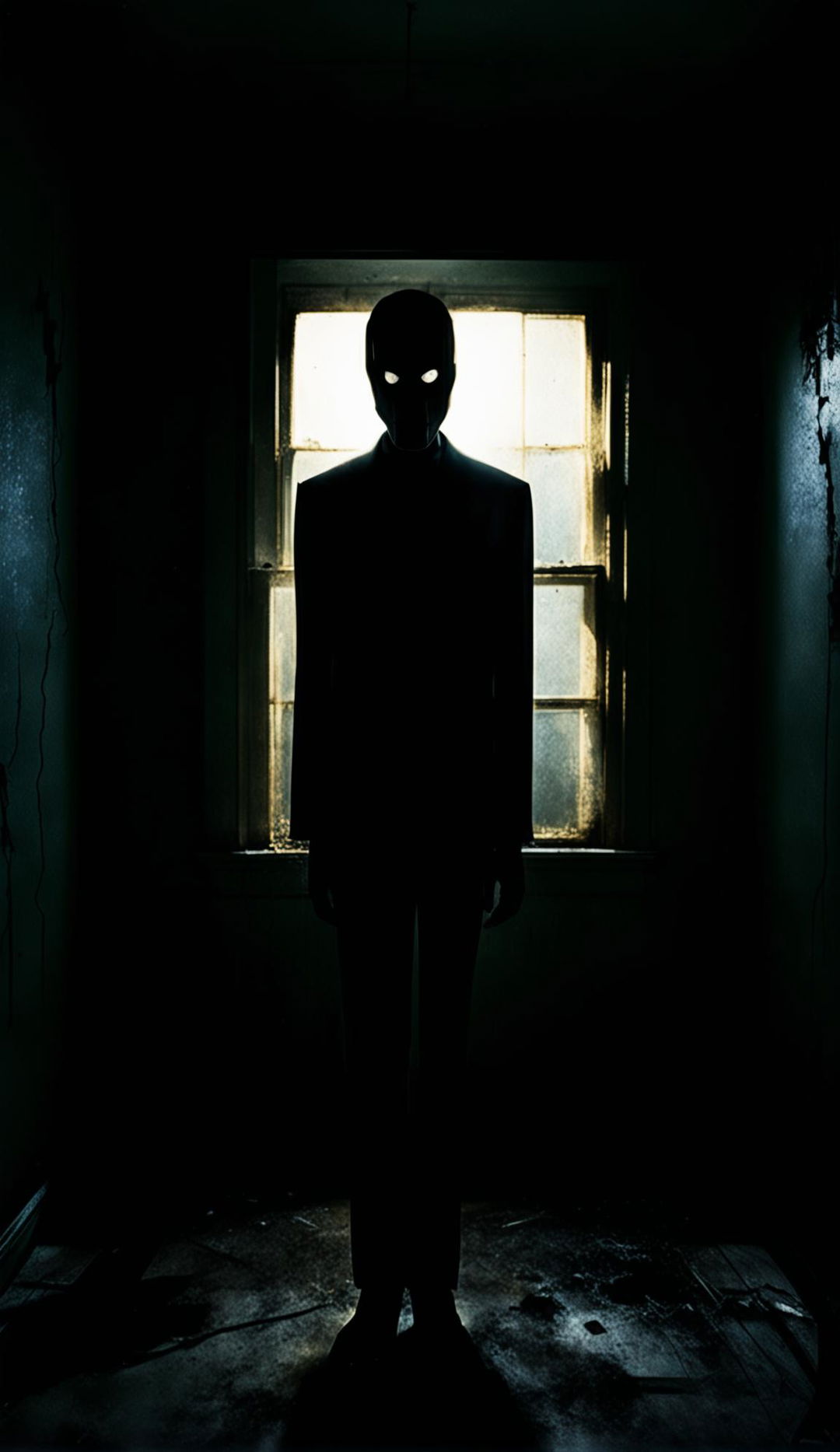 A dimly lit room with dancing shadows and Slenderman standing motionless. A faint glow from a window casts light on his featureless face.