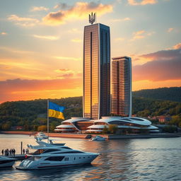 A futuristic bionic skyscraper with 50 floors stands majestically on a riverbank during a stunning sunset