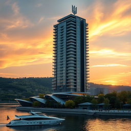 A futuristic bionic skyscraper with 50 floors stands majestically on a riverbank during a stunning sunset