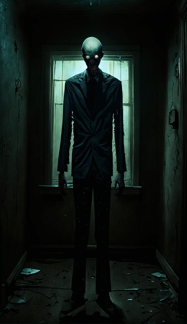 A dimly lit room with dancing shadows and Slenderman standing motionless. Pale moonlight casts light on his featureless face.