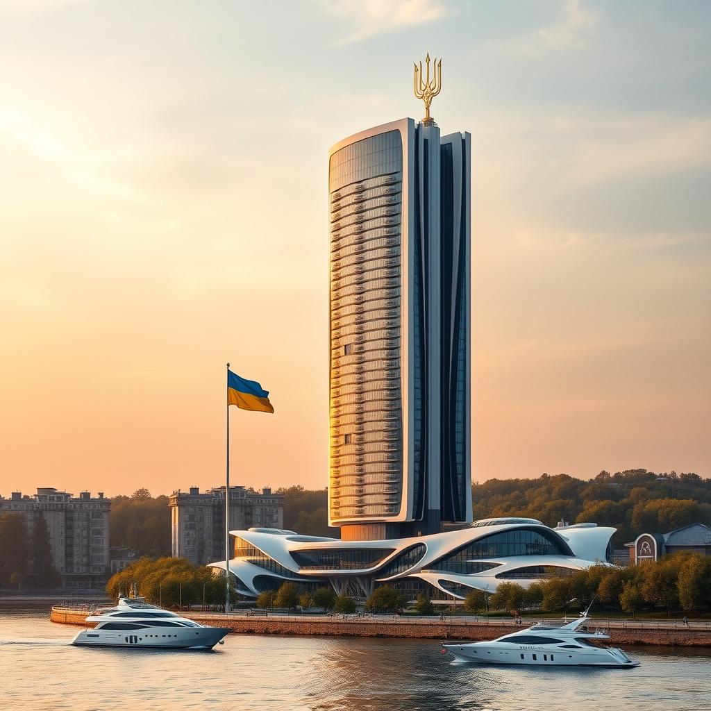 A futuristic bionic skyscraper with 50 floors stands imposingly on a riverbank during a breathtaking sunset