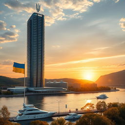 A futuristic bionic skyscraper with 50 floors stands imposingly on a riverbank during a breathtaking sunset