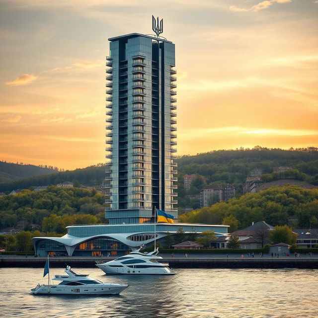 A futuristic bionic skyscraper with 50 floors stands imposingly on a riverbank during a breathtaking sunset