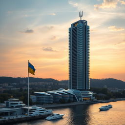 A futuristic bionic skyscraper with 50 floors stands imposingly on a riverbank during a breathtaking sunset