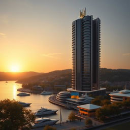 A futuristic bionic skyscraper with 50 floors majestically towers on the banks of a river during a stunning sunset