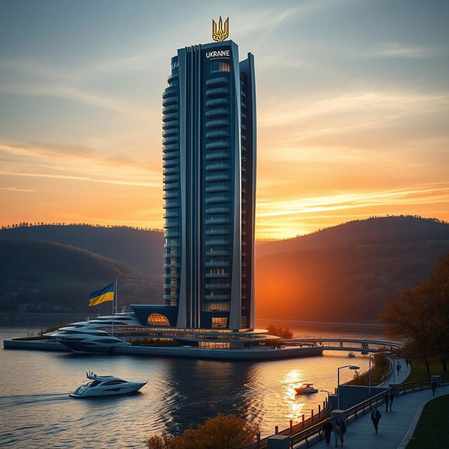 A futuristic bionic skyscraper with 50 floors majestically towers on the banks of a river during a stunning sunset