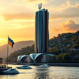 A futuristic bionic skyscraper with 50 floors majestically towers on the banks of a river during a stunning sunset