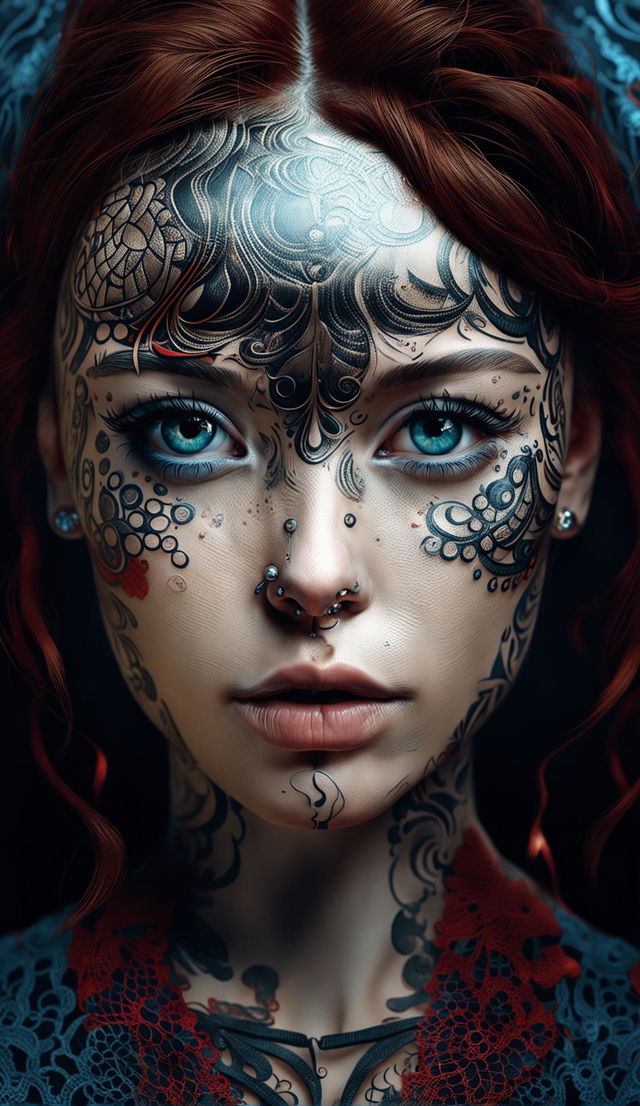 Hyper-realistic 3D rendered photograph of a detailed face with intricate tattoos and piercings, framed by lace and satin. Symmetric hazel eyes with circular irises. Full color, dark and gritty aesthetic with high definition details.