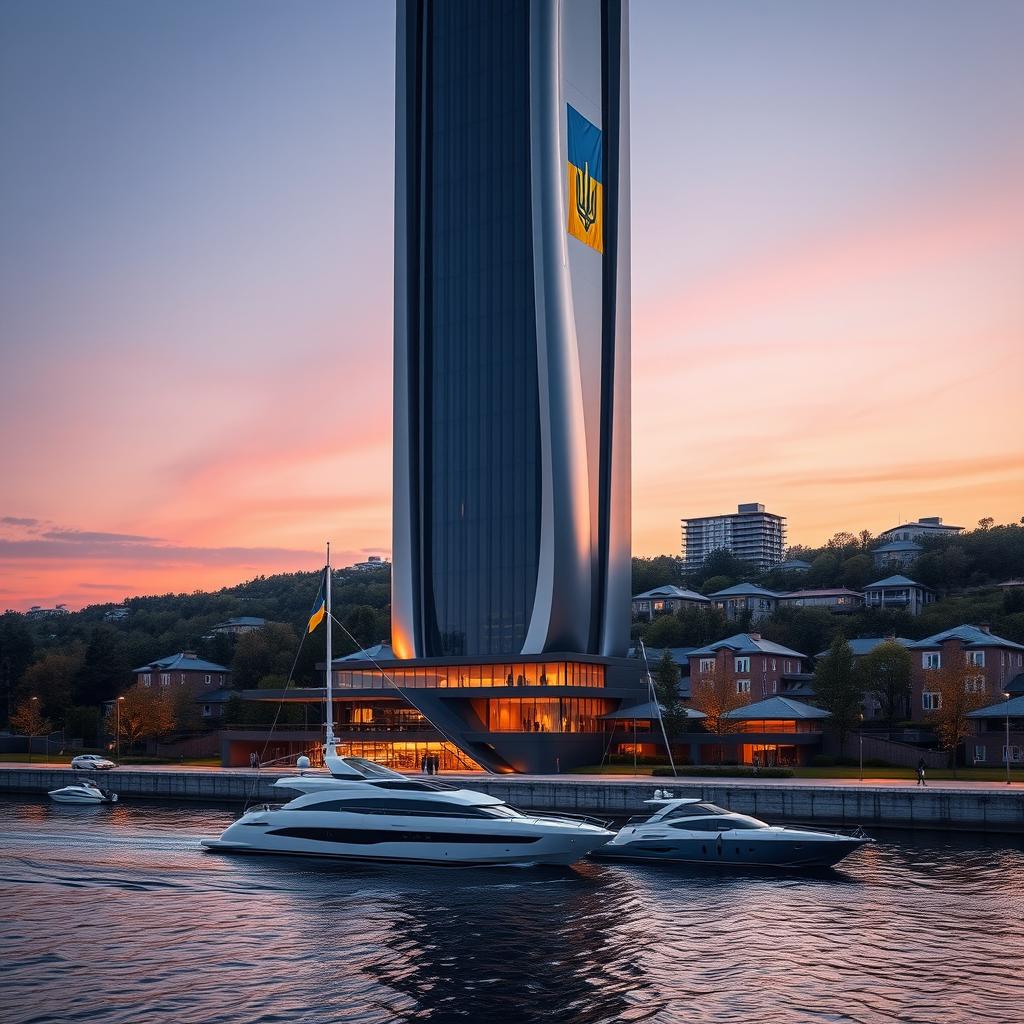 A modern bionic skyscraper with 50 floors gracefully rises on the banks of a river, characterized by smooth lines and large atrium spaces