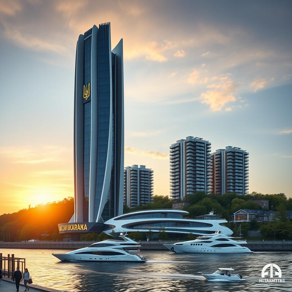 A modern bionic skyscraper with 50 floors gracefully rises on the banks of a river, characterized by smooth lines and large atrium spaces