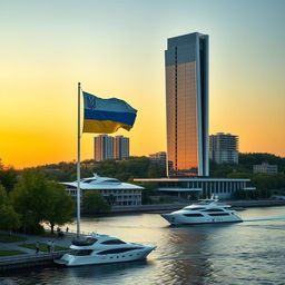 A modern bionic skyscraper with 50 floors gracefully rises on the banks of a river, characterized by smooth lines and large atrium spaces