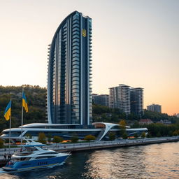 A modern bionic skyscraper with 50 floors gracefully rises on the banks of a river, characterized by smooth lines and large atrium spaces