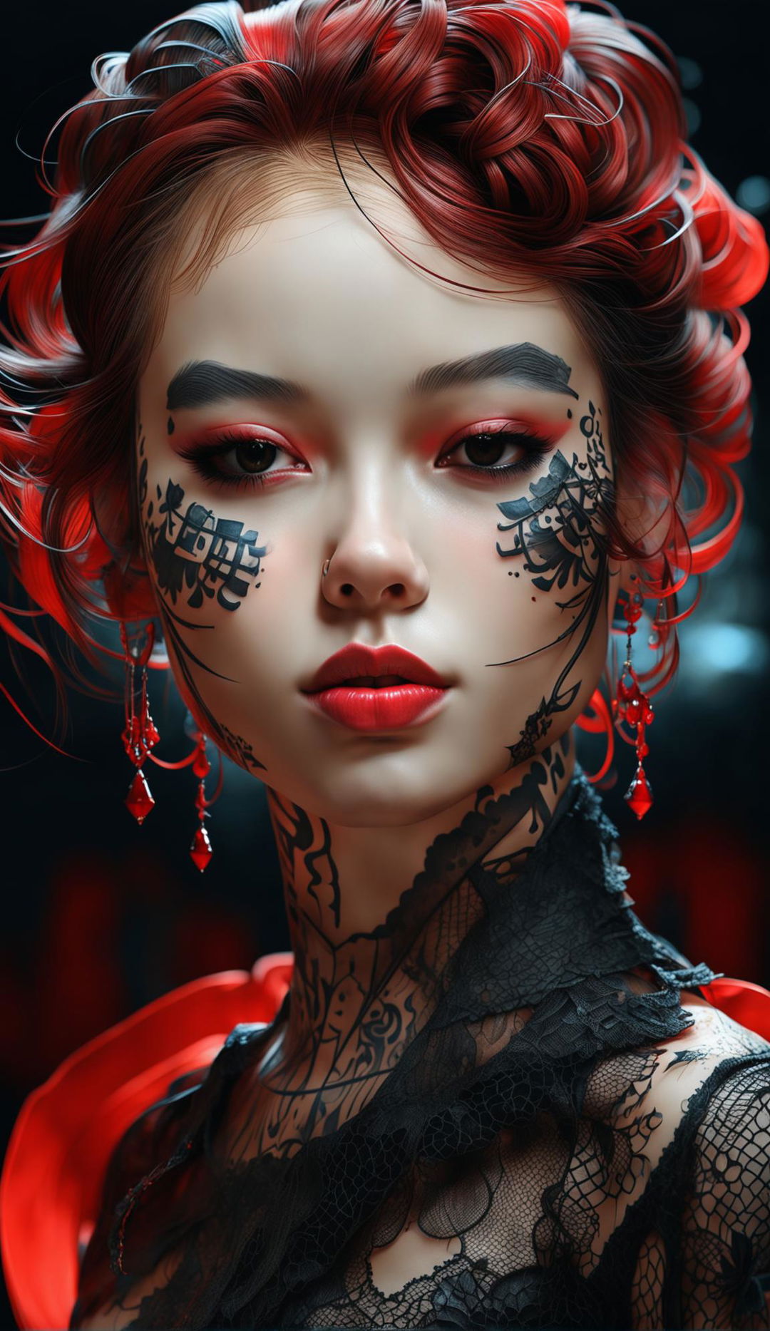 Hyper-realistic 3D rendered photograph of a half-Japanese woman with intricate tattoos and piercings. Symmetric hazel eyes with circular irises and vibrant red lips. Framed by lace and satin in full color with a dark and gritty aesthetic.