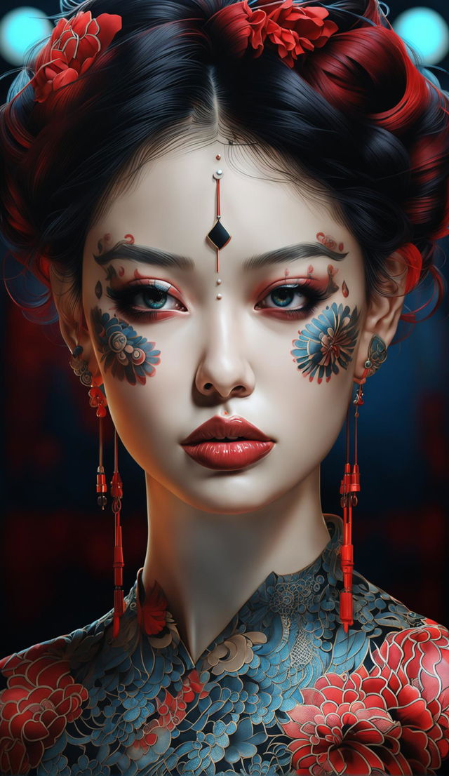 Hyper-realistic 3D rendered photograph of a woman with Japanese tattoos and piercings. Symmetric blue eyes with circular irises and vibrant red lips. Framed by lace and satin in full color with a dark and gritty aesthetic.