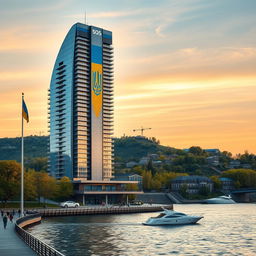 A modern bionic skyscraper with 50 floors, characterized by smooth lines and expansive atrium spaces, stands prominently on the riverbank