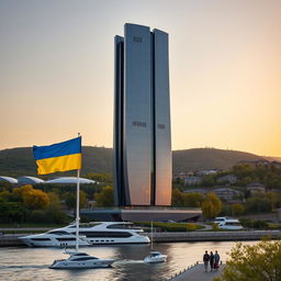 A modern bionic skyscraper with 50 floors, characterized by smooth lines and expansive atrium spaces, stands prominently on the riverbank