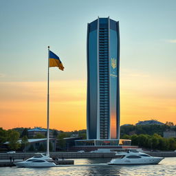 A modern bionic skyscraper with 50 floors, characterized by smooth lines and expansive atrium spaces, stands prominently on the riverbank