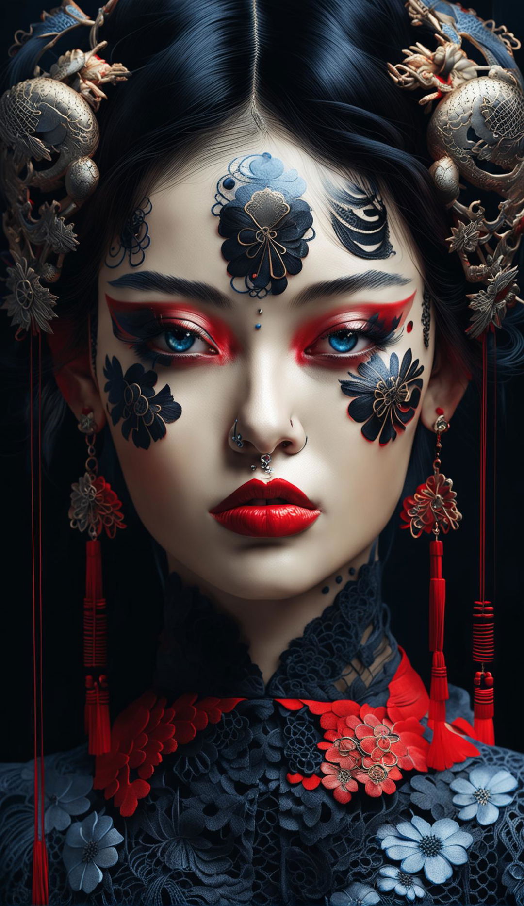 Hyper-realistic 3D photograph of a gothic woman with Japanese tattoos and piercings. Symmetric blue eyes with circular irises, vibrant red lips, and detailed skin pores. Framed by lace and satin in a dark, gritty aesthetic.