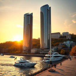 A modern bionic skyscraper with 50 floors and smooth-lined facades stands majestically on the riverbank