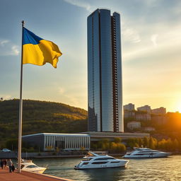 A modern bionic skyscraper with 50 floors and smooth-lined facades stands majestically on the riverbank