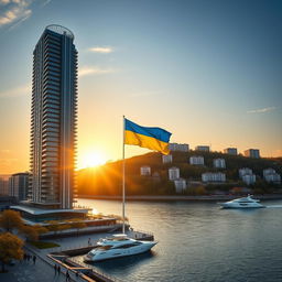 A modern bionic skyscraper with 50 floors and smooth-lined facades stands majestically on the riverbank