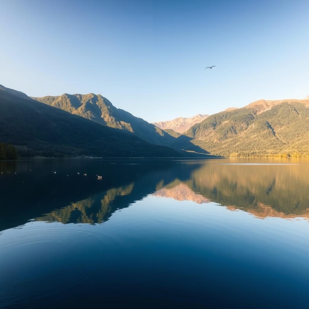 A mesmerizing landscape capturing the beauty of a serene lake surrounded by lush green mountains under a clear blue sky