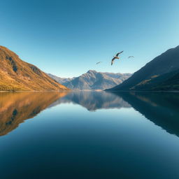 A mesmerizing landscape capturing the beauty of a serene lake surrounded by lush green mountains under a clear blue sky