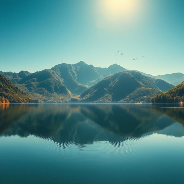 A mesmerizing landscape capturing the beauty of a serene lake surrounded by lush green mountains under a clear blue sky