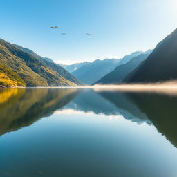 A mesmerizing landscape capturing the beauty of a serene lake surrounded by lush green mountains under a clear blue sky