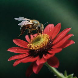 An aggressive green honey bee flying over a meat-like flower that bleeds brilliant red under a dimly lit, eerie atmosphere