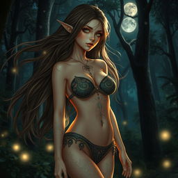 A mystical fantasy girl in a forest at night, wearing a beautifully detailed bikini adorned with intricate patterns