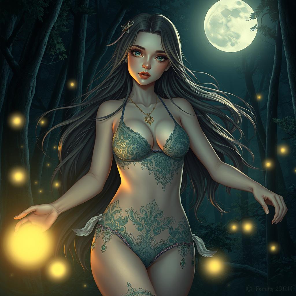 A mystical fantasy girl in a forest at night, wearing a beautifully detailed bikini adorned with intricate patterns