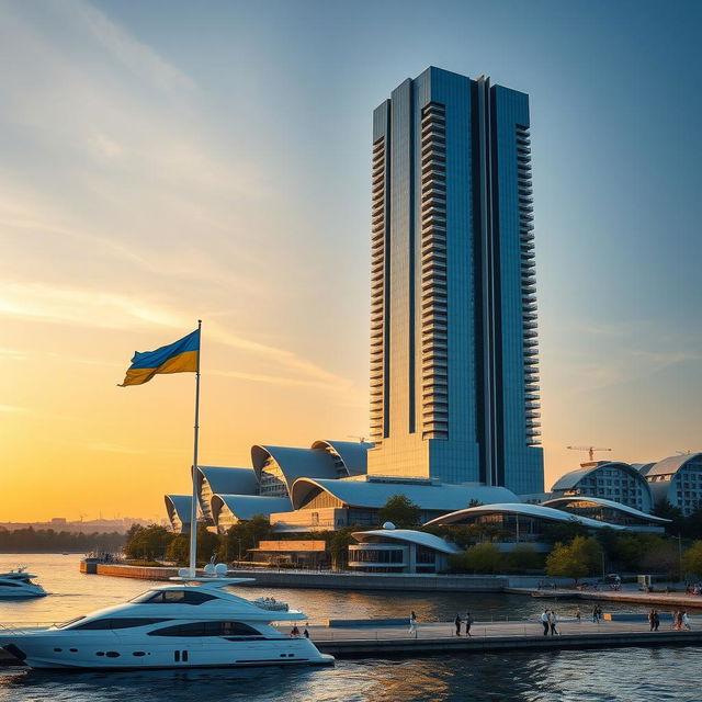 A modern bionic skyscraper with 50 floors, defined by its smooth-lined facades and large atrium spaces, towers majestically on the riverbank