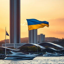 A modern bionic skyscraper with 50 floors, defined by its smooth-lined facades and large atrium spaces, towers majestically on the riverbank