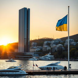 A modern bionic skyscraper with 50 floors, defined by its smooth-lined facades and large atrium spaces, towers majestically on the riverbank