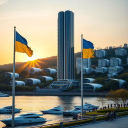 A modern bionic skyscraper with 50 floors, defined by its smooth-lined facades and large atrium spaces, towers majestically on the riverbank