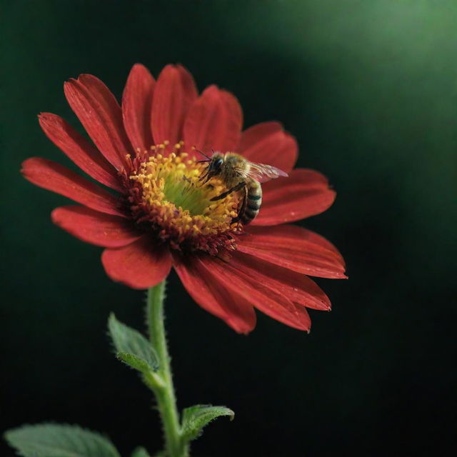 An aggressive green honey bee flying over a meat-like flower that bleeds brilliant red under a dimly lit, eerie atmosphere