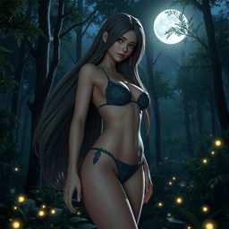 A stunning 3D-rendered fantasy girl in a forest at night, wearing a beautifully designed bikini with exquisite textures