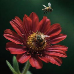 An aggressive green honey bee flying over a meat-like flower that bleeds brilliant red under a dimly lit, eerie atmosphere