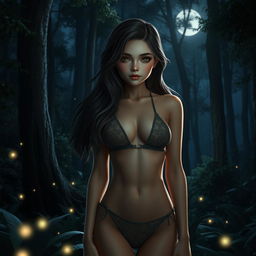 A beautifully detailed 3D-rendered girl in a forest at night, wearing a stylish bikini that catches the eye with its intricate design