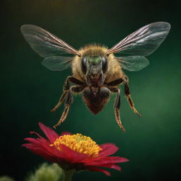 An aggressive green honey bee flying over a meat-like flower that bleeds brilliant red under a dimly lit, eerie atmosphere