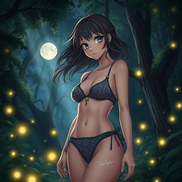 A captivating scene of a girl in a forest at night, wearing a stylish bikini with intricate detailing