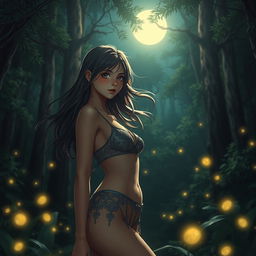 A captivating scene of a girl in a forest at night, wearing a stylish bikini with intricate detailing