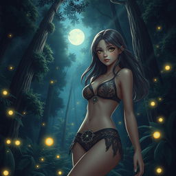 A captivating scene of a girl in a forest at night, wearing a stylish bikini with intricate detailing