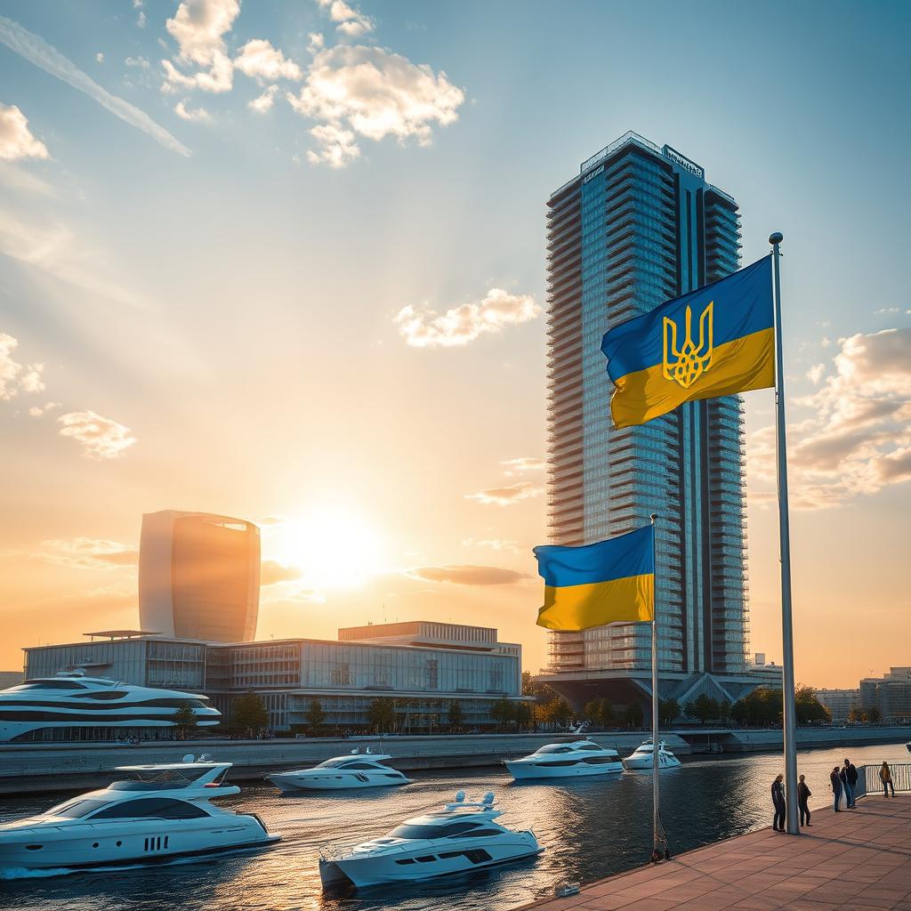 A modern bionic skyscraper with 50 floors, characterized by smooth lines on its facades and expansive atrium spaces, stands prominently on the riverbank