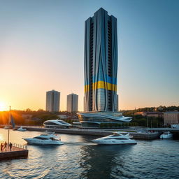 A modern bionic skyscraper with 50 floors, characterized by smooth lines on its facades and expansive atrium spaces, stands prominently on the riverbank