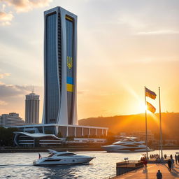 A modern bionic skyscraper with 50 floors, characterized by smooth lines on its facades and expansive atrium spaces, stands prominently on the riverbank